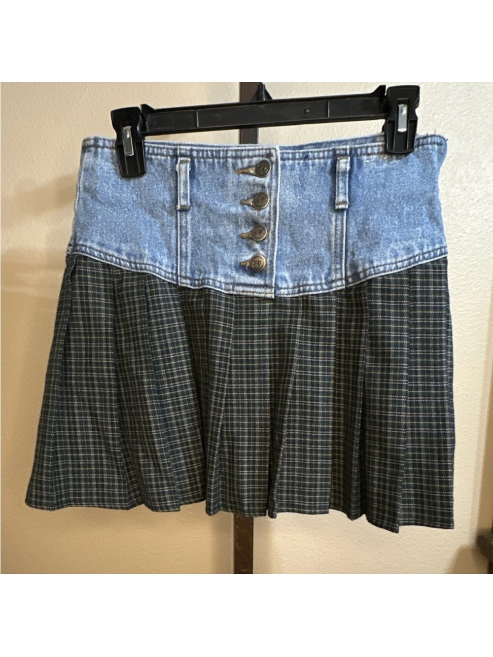 90’s Denim Plaid Pleated Mini Skirt Vintage Preppy Grunge Y2K Cotton Collegiate